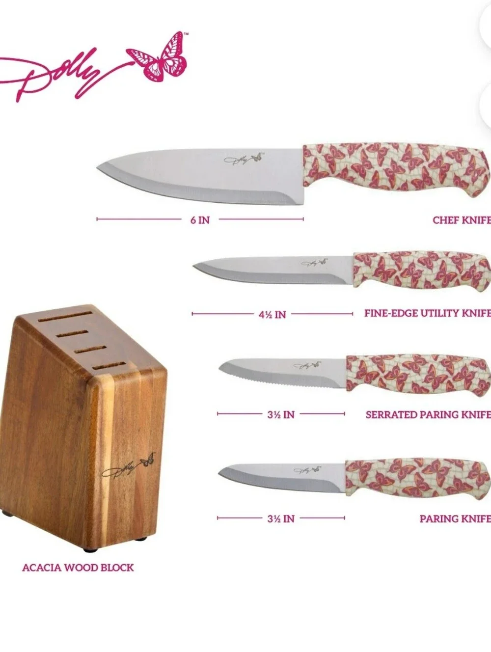 Dolly Parton Butterfly Print 5-PC Cutlery Prep Set w/Wood Block
